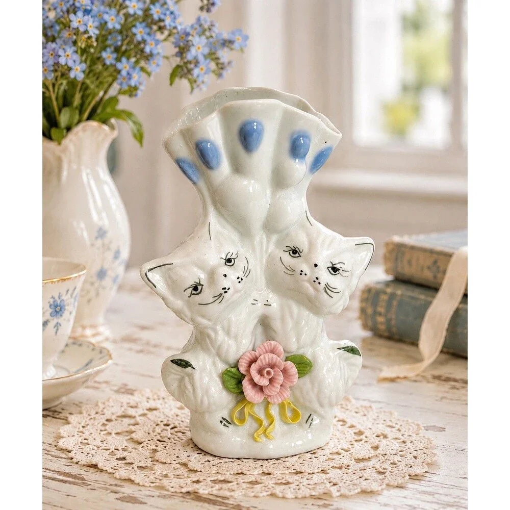 Vintage Sophia-Ann White Cat Vase Pink Roses Blue Accent Ceramic Figurine 7”